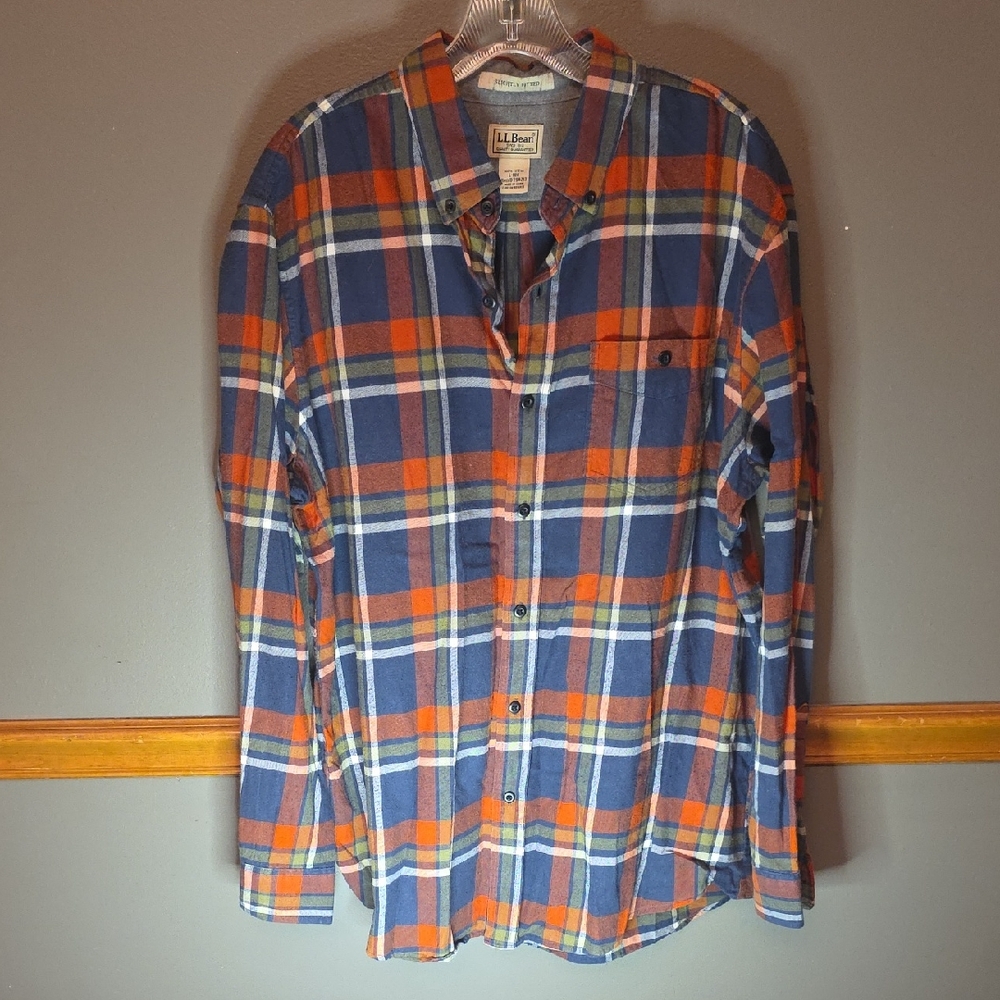 L.L. Bean Men's Plaid Shirt - Navy, Red, And Orange